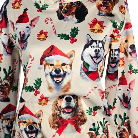 NWOT | Christmas Dog Faces Holiday Print Hoodie Sweatshirt Kangaroo Pocket | Med - Picture 3 of 6
